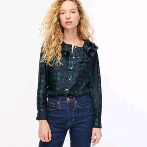J. Crew Silk Twill Ruffled Green/Blue/Black Women's Top